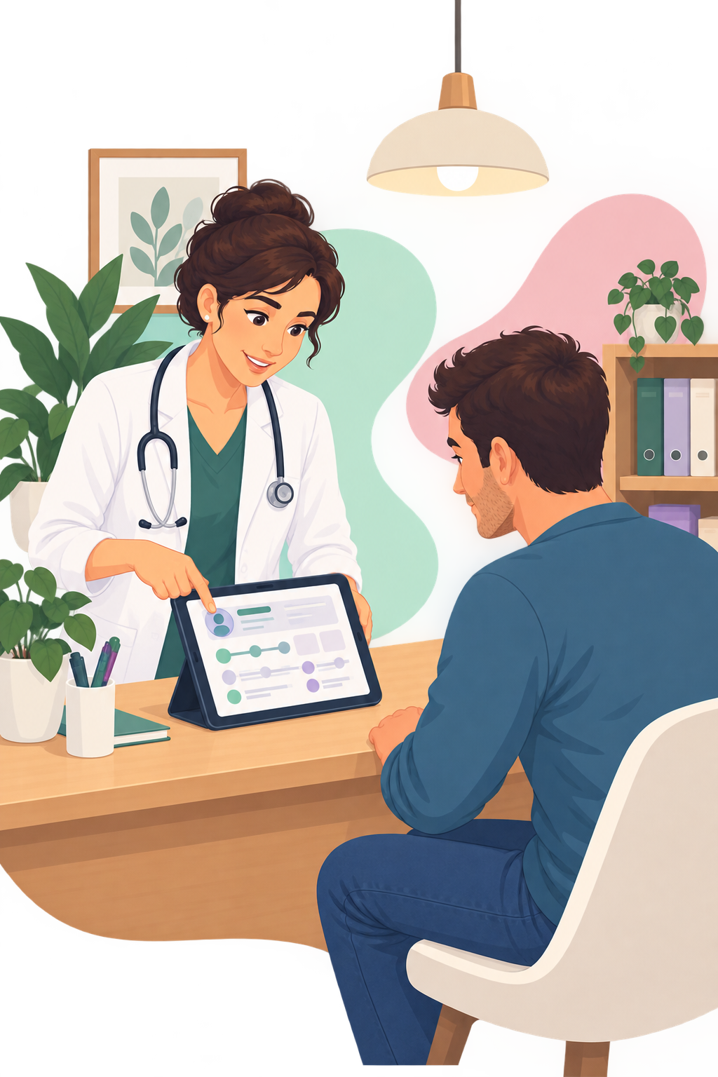 Médica mostrando la historia clínica en una tablet a un paciente